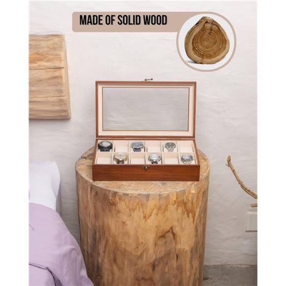 Watch Box Watch Case for Men Women with Large Glass Lid, Wooden Watch Display - Picture 6 of 6